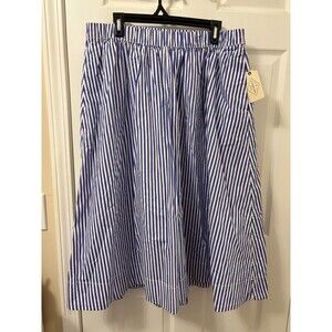 St John's Bay Skirt Midi A-Line Elastic Waist Blue White Stripe Pockets Size XL